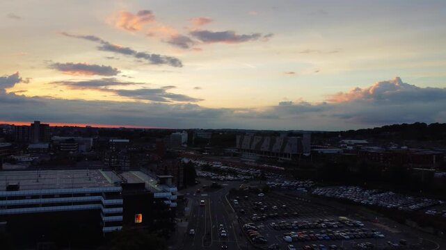 High Angle View of Luton City Centre, England United Kingdom during Orange Cloudy sunset