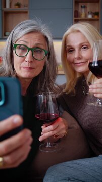 Elderly women greet friends via video call with wine glasses