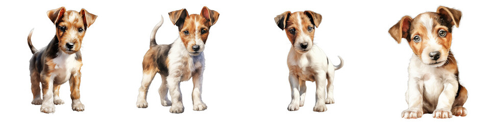 Fototapeta premium Four wire fox terrier puppies are standing in a row against a black background