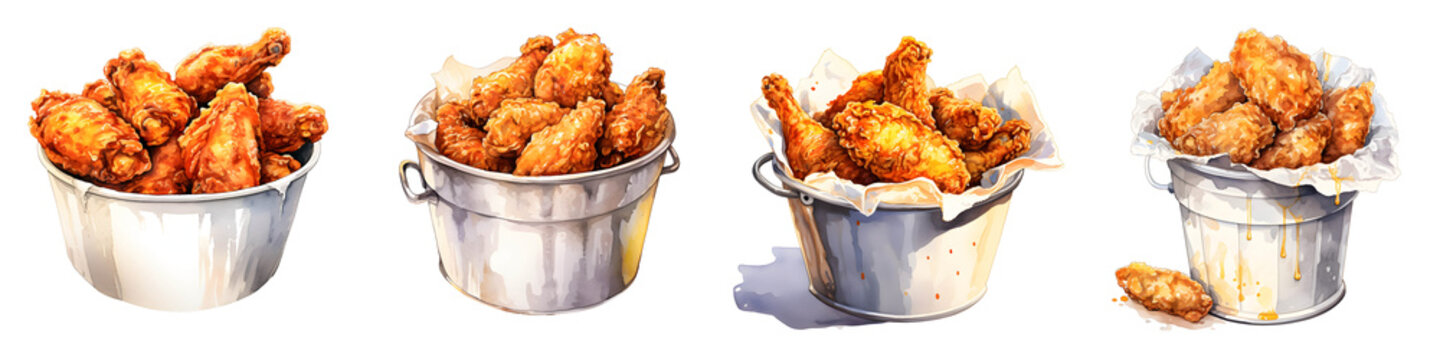 Crispy fried chicken pieces are shown in different metal buckets against a black background