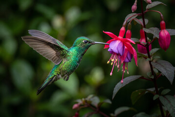 Obraz premium Green hummingbird with shimmering feathers hovering before a bright fuchsia flower