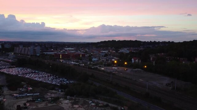 High Angle View of Luton City Centre, England United Kingdom during Orange Cloudy sunset