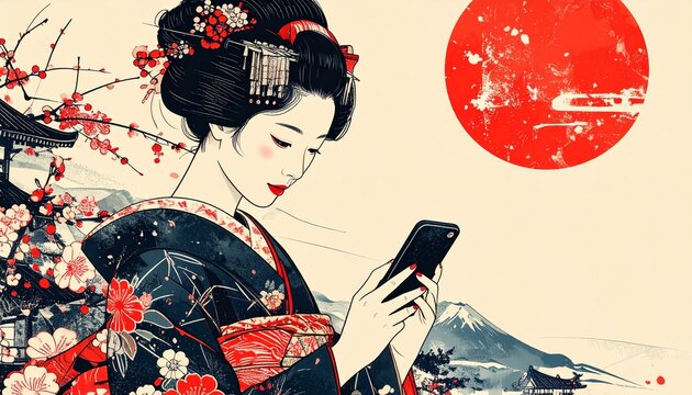 浮世絵風に描かれた着物姿の女性がスマートフォンを操作する