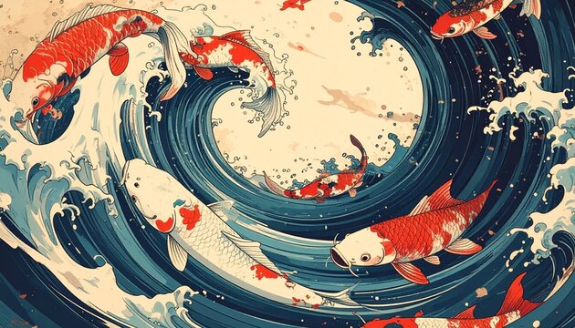 浮世絵風に描かれた鯉の群れが荒波の渦の中を泳ぐダイナミックな構図