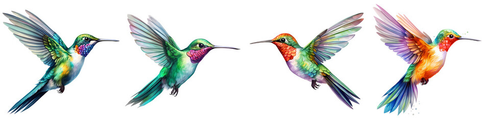 Fototapeta premium Colorful watercolor painting of hummingbirds in flight on a black background