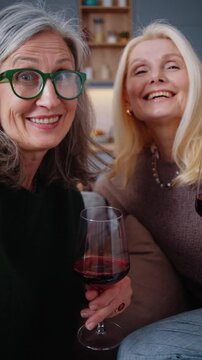 Phone camera view shows positive senior women with wine glasses