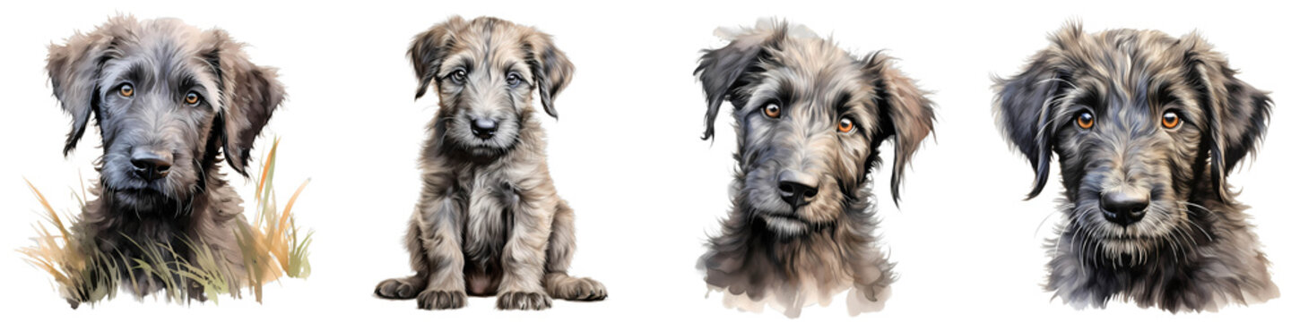 Four watercolor illustrations showcase the head and upper body of the Irish wolfhound breed