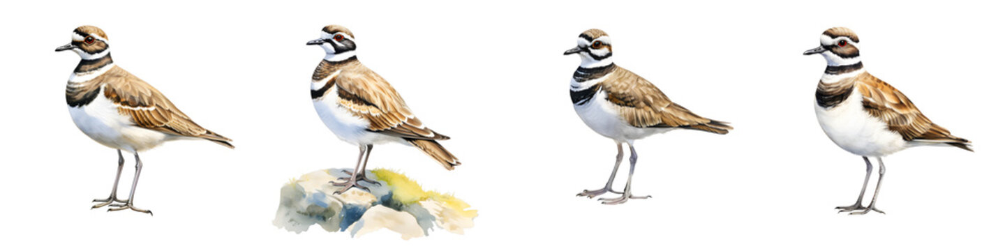 Four killdeer birds standing in various poses with a black backdrop displayed as art