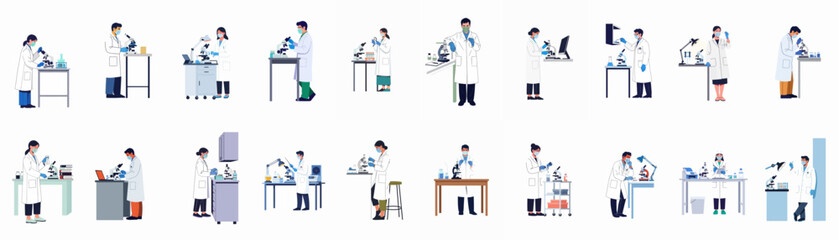 Collection of diverse scientists and lab technicians conducting research and experiments with microscopes and medical equipment in a modern flat vector style. © Juan