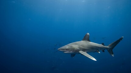 Naklejka premium A lone shark swims through the deep blue ocean, an apex predator of the marine world