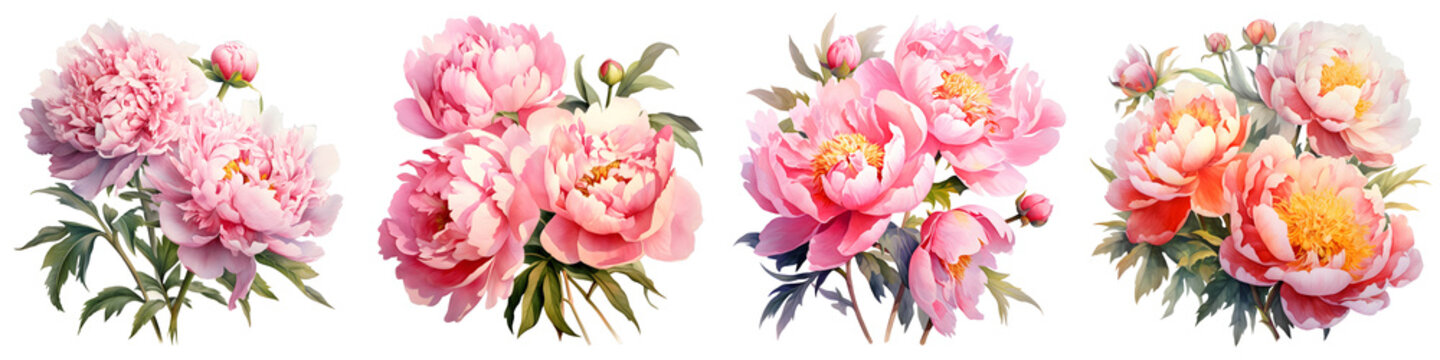 Beautiful arrangement of pink peony flowers isolated on black background, floral decoration