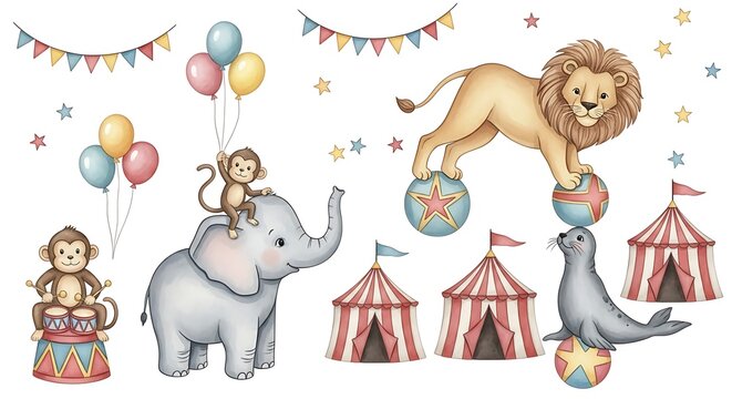 Watercolor circus scene with animals, tents, balloons, and star decorations