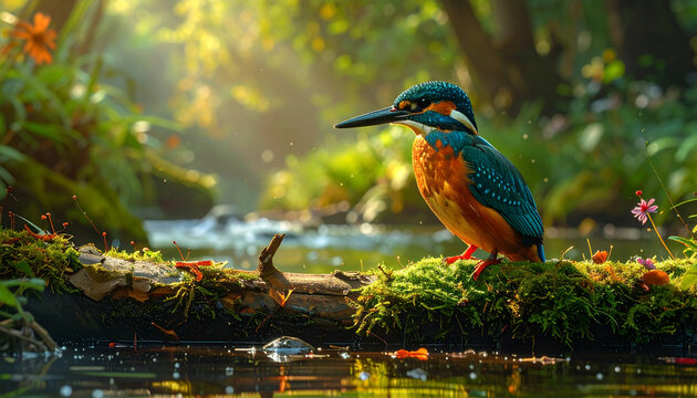 Kingfisher bird perched on a log