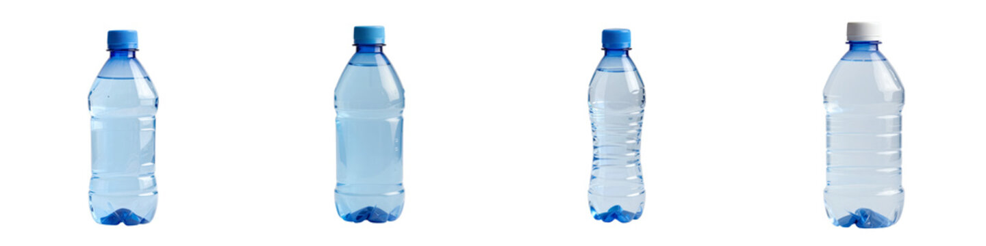 Variety of plastic bottles filled with water aligned against a black background