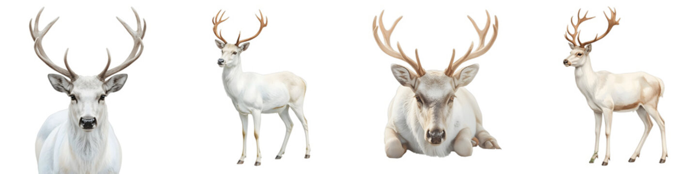 Elegant quartet of leucistic deer strikes graceful poses against a black backdrop