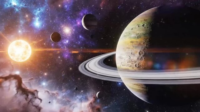 Stunning cosmic view of a ringed planet in deep space with asteroids and nebula