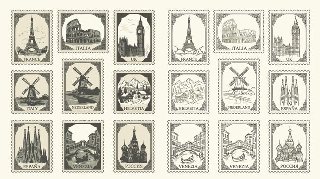 A collection of vintage-style postage stamps featuring iconic landmarks from various European cities and countries.