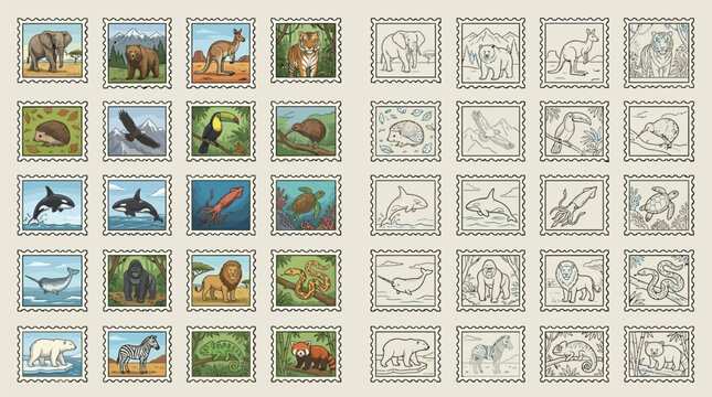 Collection of colorful postage stamps featuring various animals alongside their black and white sketch counterparts.