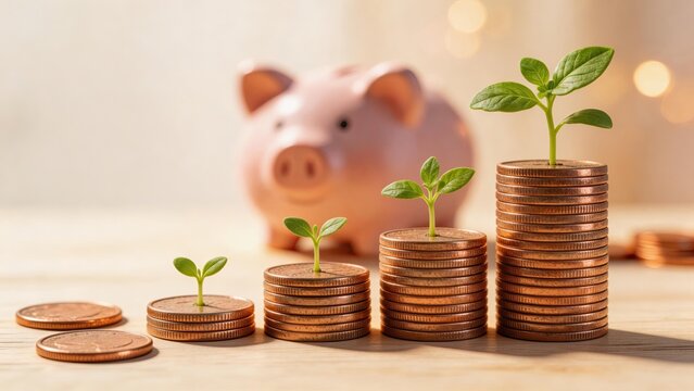 Growing savings with plant sprouts on coin stacks and piggy bank symbolizing investment growth and financial planning