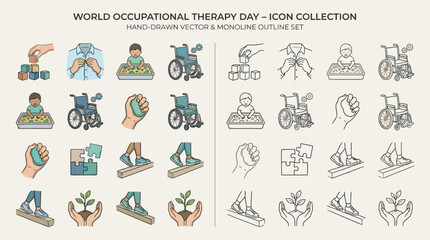 Fototapeta premium Collection of World Occupational Therapy Day icons, featuring hand-drawn vector and monochrome outline sets illustrating therapy and rehabilitation concepts.