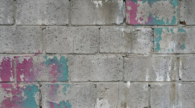 Weathered Concrete Cinder Block Wall with Peeling Pink and Teal Paint Texture Background