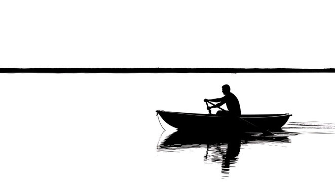 A serene silhouette of a man in a small boat on calm water