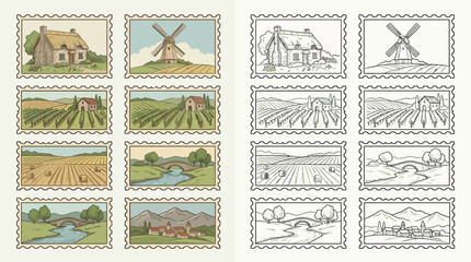 Naklejka premium A collection of postage stamps depicting rural landscapes, including cottages, windmills, vineyards, fields, and bridges.