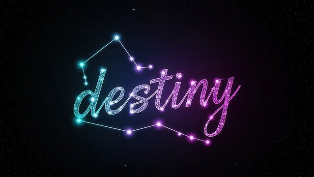 Cosmic destiny typography shimmering with a gradient of celestial colors against a dark starlit