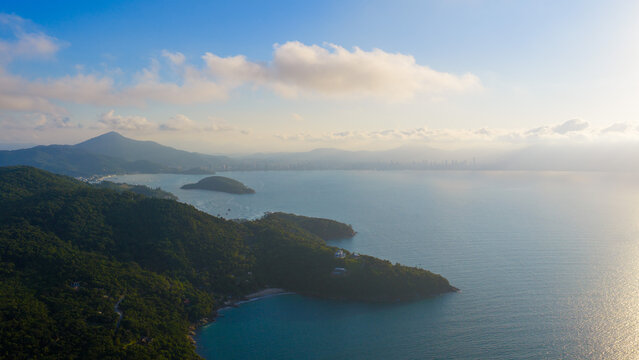 Aerial view of Caixa d Aco beach and Porto Belo coastline with Itapema skyline in background Santa Catarina Brazil.
