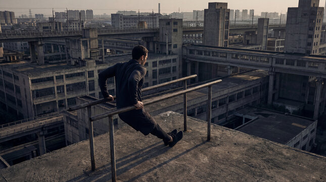 Industrial urban fitness athlete performing dips on parallel metal bars