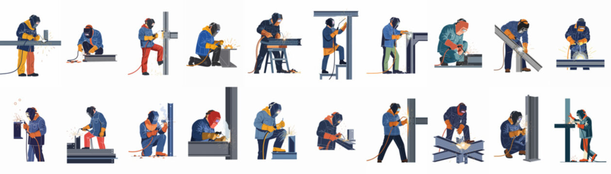 Comprehensive collection of flat illustrations featuring professional welders working on various metal structures with sparks, wearing essential protective safety gear.