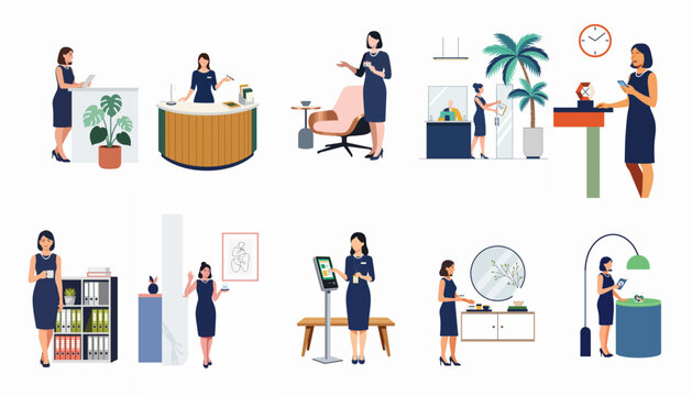 Set of flat vector illustrations featuring professional women working at a reception, hotel lobby, or modern office environment in navy blue dresses.