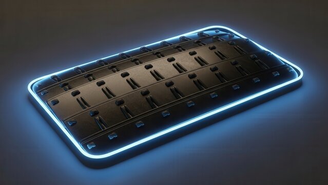 Sleek futuristic data array with vibrant blue neon illumination on a dark background creating a