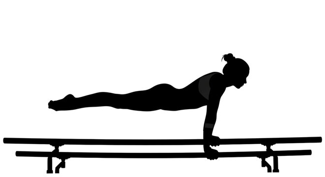 A female gymnast performing a balance exercise on parallel bars in a minimalist silhouette style