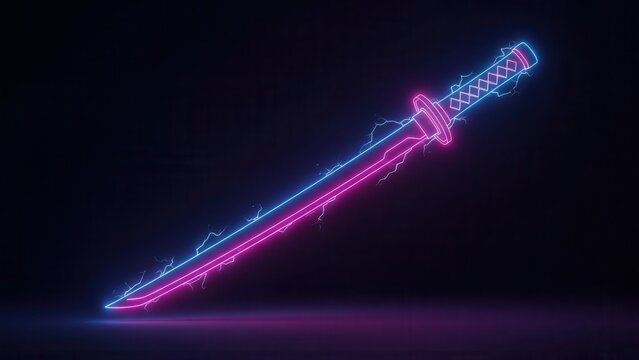 Vibrant neon glowing saber with electric sparks in a dark digital space