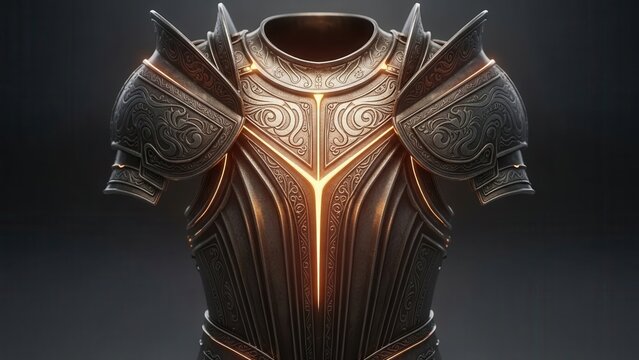 Enchanted knight's plate armor shimmering with mystical light against dark background
