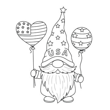 Patriotic USA gnome coloring page for kids and adults.