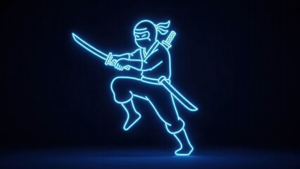 Naklejka premium Blue neon illuminated ninja warrior brandishing a glowing katana in an energetic dynamic combat