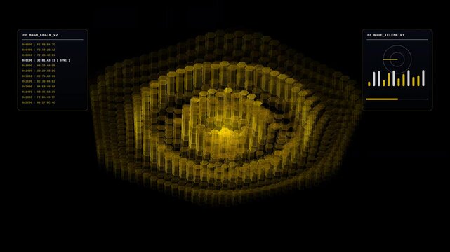 Abstract gold digital waves with hash chain and node telemetry hud interface elements in motion.