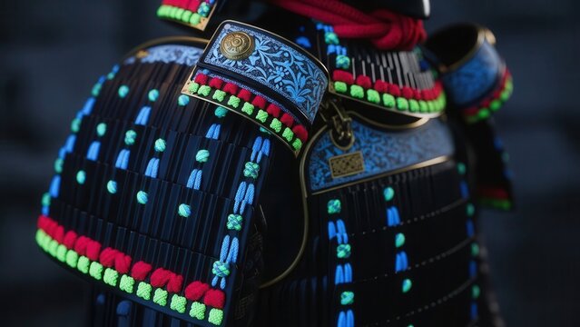 Vibrant modern samurai armor with glowing neon accents and intricate detailing