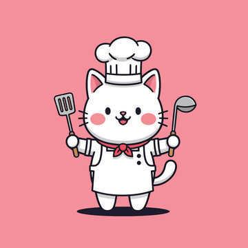 Cute Cartoon Cat Chef Character Wearing A Cooking Hat And Holding Kitchen Utensils.