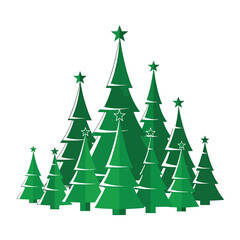 Fototapeta premium Group of stylized flat green Christmas tree illustrations with stars.