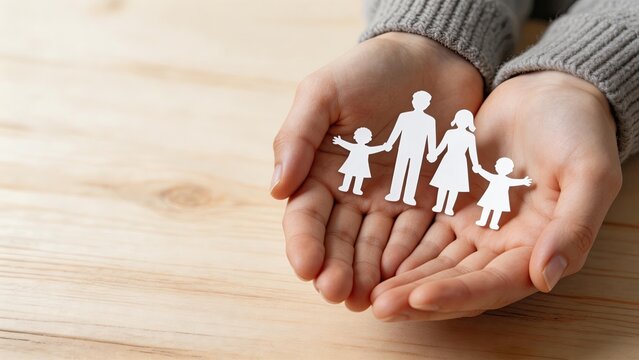 Hands holding a paper cutout of a family symbolizing care love and protection on a wooden background representing family values unity and support ideal for themes of parenting
