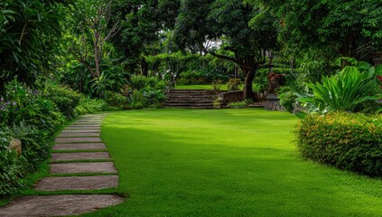 Fototapeta premium Lush green garden with stone path leading to stairs under trees. Sunny day