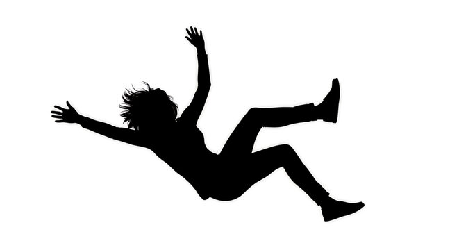A minimalist vector graphic silhouette of a woman falling or jumping in mid-air