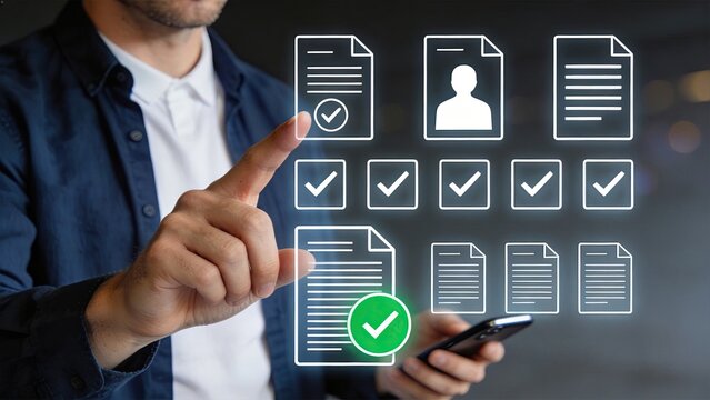 Man using smartphone to select digital documents virtual checklist online forms verification approval data management business technology modern office interface screen touch