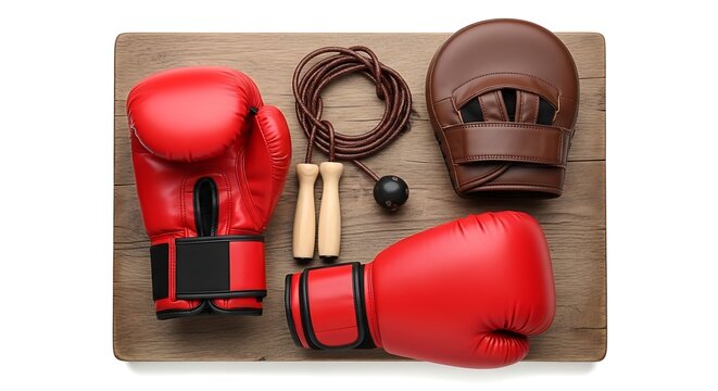 Boxing gloves and equipment on mat.