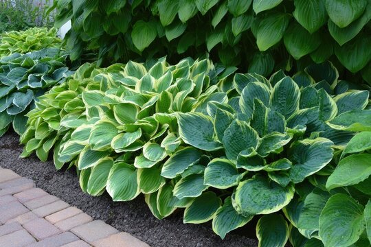 Lush green and white edged hostas line a brick path, against backdrop of large green leaves