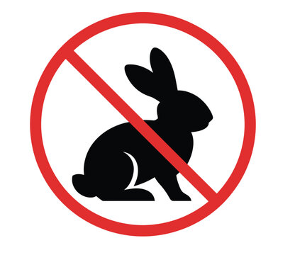 Black silhouette of a rabbit inside a red circular prohibition sign with a diagonal line indicating that rabbits are not allowed in this specific area or location on a plain white background