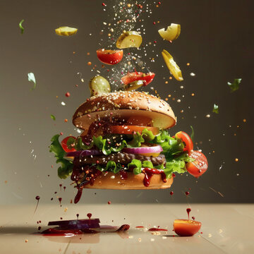 burger exploding ingredients mid-air